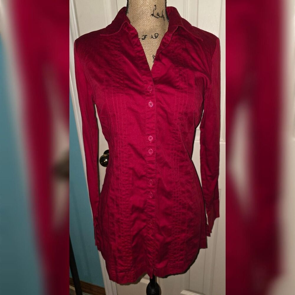 Fred David Stretch Size 8 Red Fitted Button-Up Sh… - image 1